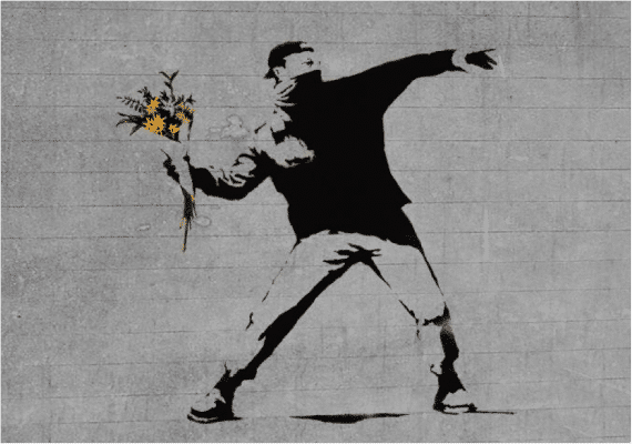 banksy man throwing flowers stencil art