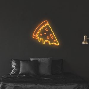illuminated LED neon sign shown mocked up on wall with clear acrylic backing frame