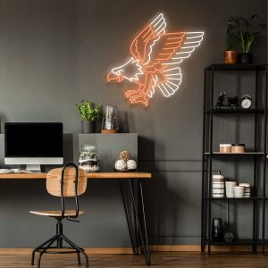 illuminated LED neon sign shown mocked up on wall with clear acrylic backing frame