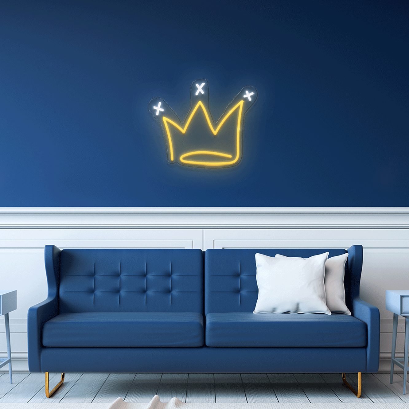 illuminated Graffiti Crown LED neon sign shown mocked up on wall with clear acrylic backing frame