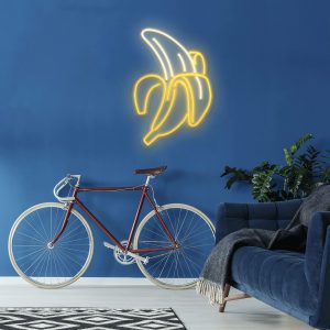 illuminated LED neon sign depicting a banana